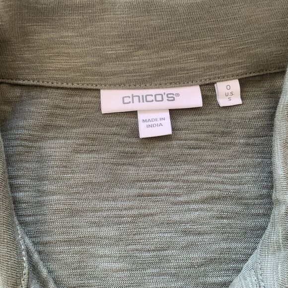 Chico’s Puff Sleeve Slub Cotton Modal Collared Henley Snap Dark Moss Size 0/S - Picture 7 of 10